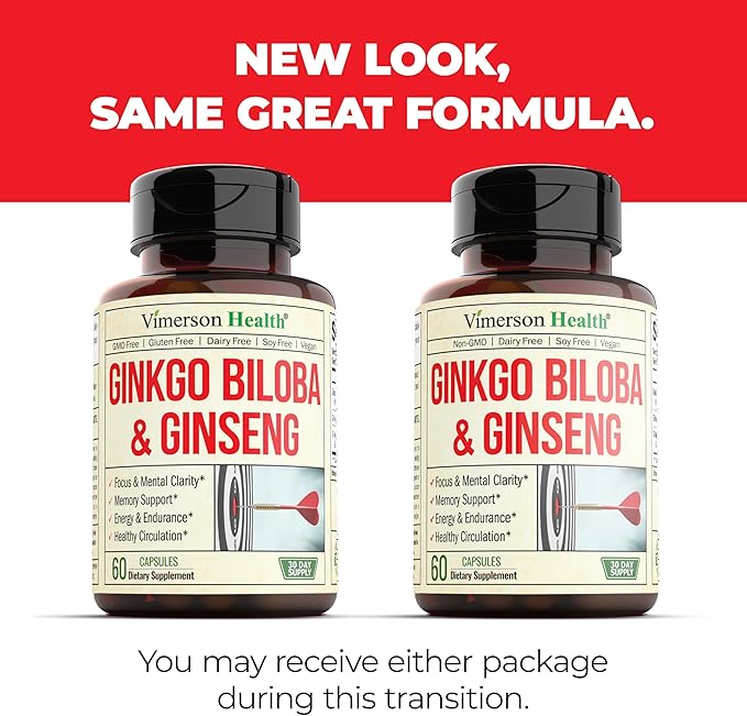 Ginseng Extract & Ginkgo Biloba Supplements - Extra Strength Nootropics Brain Support Supplement for Memory & Focus - Panax Ginseng Root 800mg + Gingko 600mg + Ginkgo Biloba 120mg Extract. 60 capsules