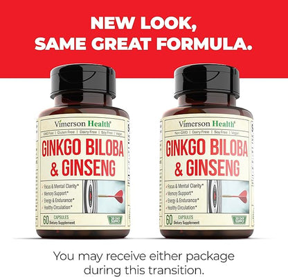 Ginseng Extract & Ginkgo Biloba Supplements - Extra Strength Nootropics Brain Support Supplement for Memory & Focus - Panax Ginseng Root 800mg + Gingko 600mg + Ginkgo Biloba 120mg Extract. 60 capsules