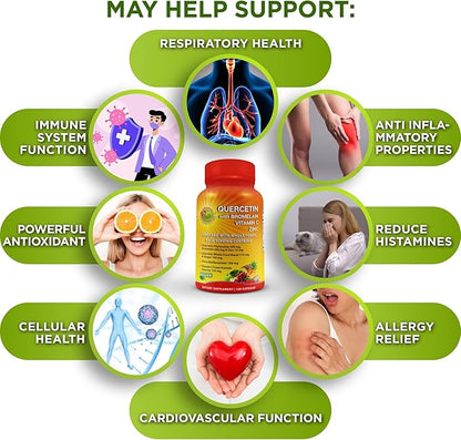 Quercetin with Bromelain Vitamin C and Zinc Enriched with Organic Whole Foods - 1215mg per Serving - Quercetin Phytosome 500mg Capsules with Ginger and Flavonoids for Immune Support - 120 count