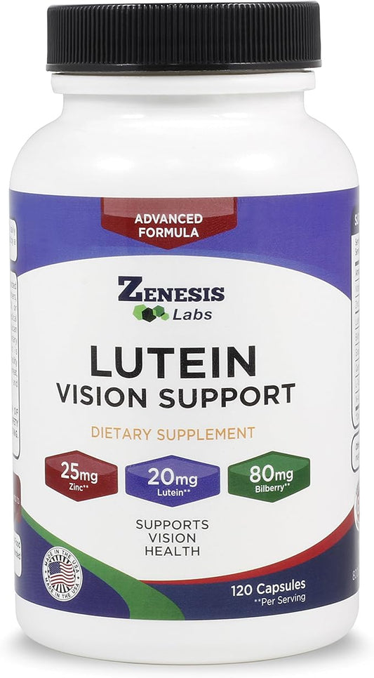 Zenesis Labs Lutein Vision Support - Essential Eye Vitamin - with Bilberry, Beta-Carotene, Zinc, Grapeseed & Other Minerals Bulk 360 Capsules, 180 Day Supply (120 Capsules/Bottle)
