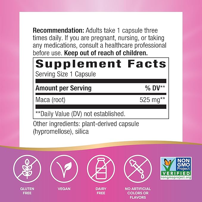 Nature's Way Maca Root, Traditional Libido Support*, 525 mg per Serving, Non-GMO Project Verified, 100 Vegan Capsules (Packaging May Vary)