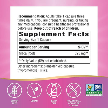Nature's Way Maca Root, Traditional Libido Support*, 525 mg per Serving, Non-GMO Project Verified, 100 Vegan Capsules (Packaging May Vary)
