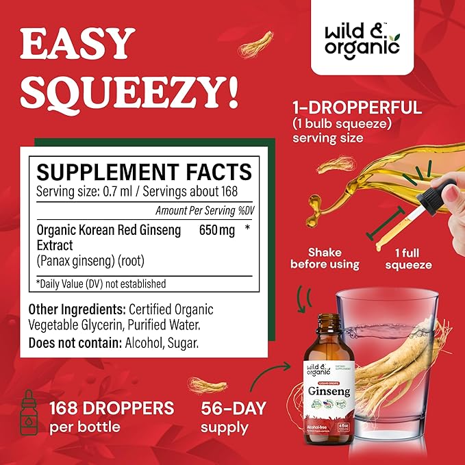 Wild & Organic Korean Panax Ginseng Extract Liquid - Red Ginseng Root Supplement for Overall Well-Being - Immune Support Drops - Vegan, Sugar & Alcohol-Free Tincture - 4 fl oz