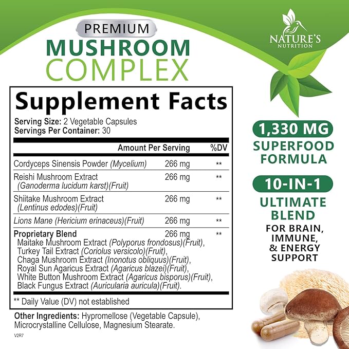 Mushroom Supplement 10 in 1 High Strength Lions Mane Mushroom - Turkey Tail, Reishi, Cordyceps, Chaga & Mushrooms Nootropic Brain Supplements for Memory & Focus Support, Mushroom Complex, 60 Capsules