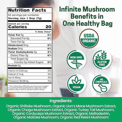 Z Natural Foods Organic 7 Sacred Mushrooms Blend - Mushroom Powder for Immune Health - Lion’s Mane, Cordyceps, Chaga, Red Reishi, Shiitake, Maitake & Turkey Tail Extract for Coffee, Smoothies, 1 lb