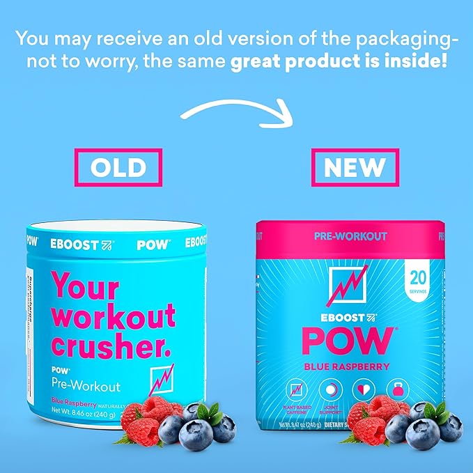 EBOOST POW Natural Pre Workout Powder – 20 Servings - Blue Raspberry - A PreWorkout Supplement for Performance, Joint Mobility Support, Energy - Men and Women - Non-GMO, Gluten-Free, No Creatine
