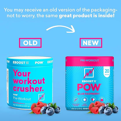 EBOOST POW Natural Pre Workout Powder – 20 Servings - Blue Raspberry - A PreWorkout Supplement for Performance, Joint Mobility Support, Energy - Men and Women - Non-GMO, Gluten-Free, No Creatine