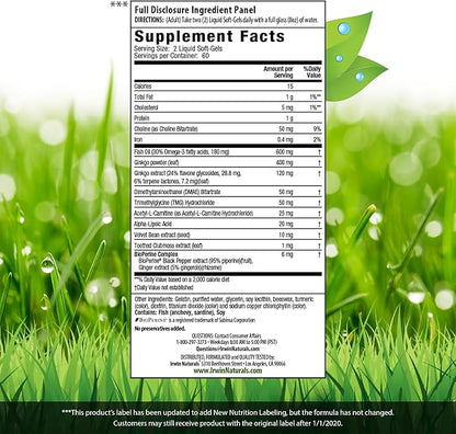 Irwin Naturals Ginkgo Smart Powerful Nootropic Brain Booster - Supports Maximum Memory, Focus & Mental Clarity with DMAE, Clubmoss, Choline & Acetyl L-Carnitine - 120 Liquid Softgels Twin Pack