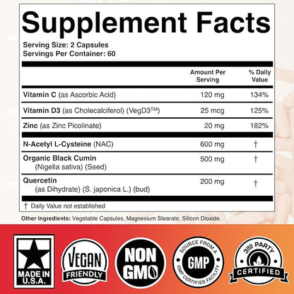 NAC 600mg Black Seed 500mg Zinc Picolinate Quercetin Vitamin C Vitamin D3 Respiratory Support (Pack of 1 Bottle at 120-Caps)