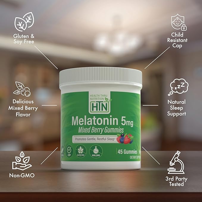 Health Thru Nutrition Melatonin 5mg Gummies | 45 Count Mixed Berry Flavor with Child-Resistant Cap | Gentle Restful Sleep Support Supplement | Non-GMO, Gluten-Free, Vegan-Friendly