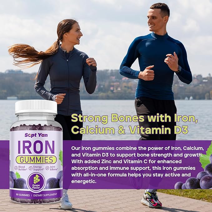 Iron Gummies for Women and Men, Iron Gummies with Folate, Vitamin B12, Zinc & D3 for Blood Building, Energy Boost, Immune Support & Bone Health, Gentle Absorption, Vegan,Grape Favour 60ct