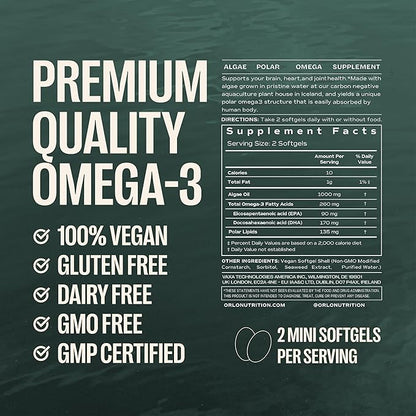 Orlo Omega 3 - Triple Strength Vegan Omega3s Supplement - Plant Based DHA & EPA Fatty Acids - Algae Omega-3 Oil - Krill or Fish Oil Alternative (60 Mini Softgels Kit)