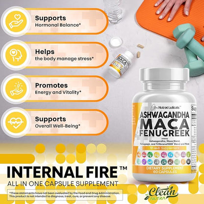 Clean Nutraceuticals Ashwagandha Maca Root Fenugreek Supplement with Tongkat Ali Ginseng - Assists with Stress, Mood & Thyroid - Ashwagandha Capsules Fenugreek Caps - 1 Pack