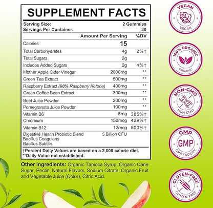 Apple Cider Vinegar Gummies, Keto ACV Gummies for Women and Men, Apple Cider Vinegar Supplement with Green Tea Extract, Probiotic for Detox Cleanse, Metabolism, Energy & Digestive Health, 60 Counts