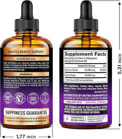 Liquid Biotin & Collagen - Vitamins for Hair Growth Support for Women & Men - Extra Strength 60000 mcg Drops - B7 Supplement - Strong Nails & Healthy Skin - 98% Faster Absorption Than Pills