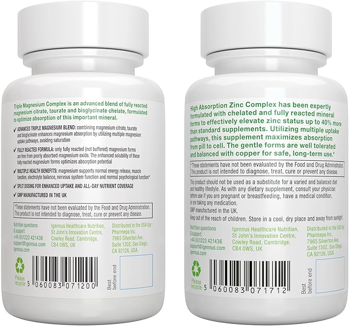 Triple Magnesium Complex + Zinc Complex Vegan Bundle, High Absorption Chelated Magnesium + 25mg Chelated Zinc Picolinate & Bisglycinate with Copper, by Igennus