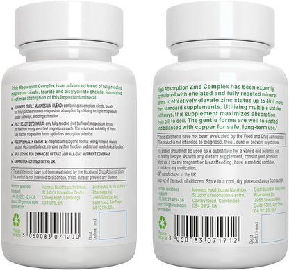 Triple Magnesium Complex + Zinc Complex Vegan Bundle, High Absorption Chelated Magnesium + 25mg Chelated Zinc Picolinate & Bisglycinate with Copper, by Igennus
