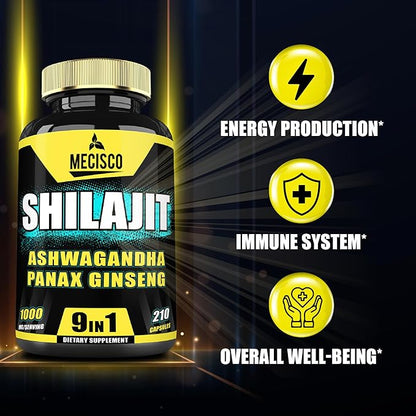 9in1 Shilajit Pure Himalayan Organic with Ashwagandha Root, Panax Ginseng, L-Arginine, Chaga & More - 210 Capsules - Shilajit Supplement for Immunity, Energy Production, Stamina & Comfortable Mood