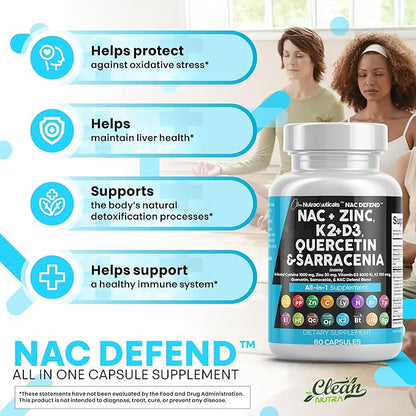 NAC Supplement N-Acetyl Cysteine Vitamin D3 K2 Zinc Quercetin Sarracenia Purpurea Immune Support | Elderberry Holy Basil Bee Propolis Bromelain L-Lysine Capsules Supplements For Women Men Adults