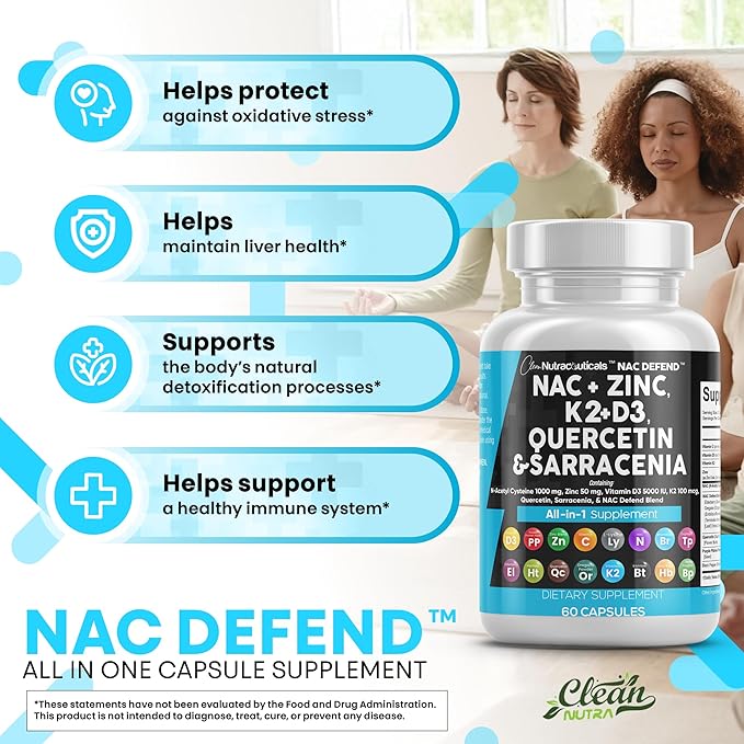 NAC Supplement N-Acetyl Cysteine Vitamin D3 K2 Zinc Quercetin Sarracenia Purpurea Immune Support | Elderberry Holy Basil Bee Propolis Bromelain L-Lysine Capsules Supplements For Women Men Adults