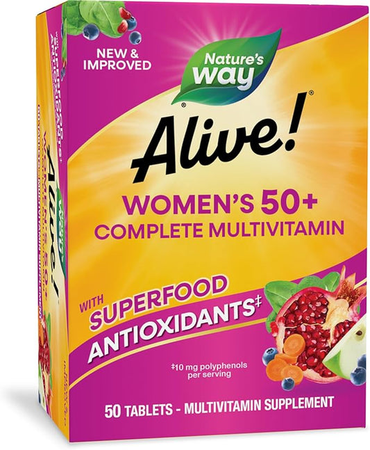 Nature's Way Alive! Women's 50+ Complete Multivitamin, Supports Healthy Heart, Brain, Bones*, Superfood Antioxidants(1), B-Vitamins, Gluten-Free, 50 Tablets (Packaging May Vary)