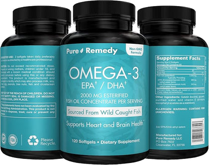 Pure Remedy Omega-3, 2000mg Fish Oil, 600mg EPA/DHA, Wild Caught, 120 Softgels