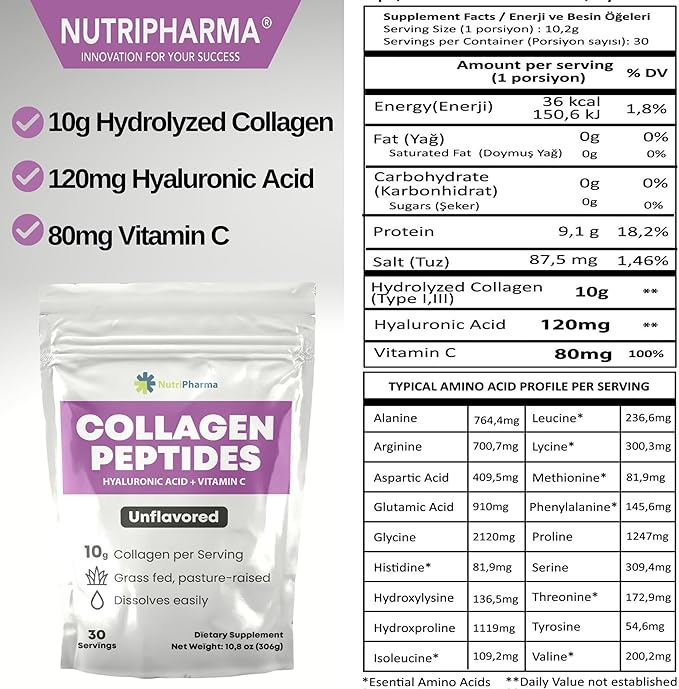 Collagen Peptides Powder with Hyaluronic Acid and Vitamin C, Promotes Hair, Nail, Skin, Bone and Joint Health, Unflavored Collagen Protein Powder, 30 Servings, 10,8 oz