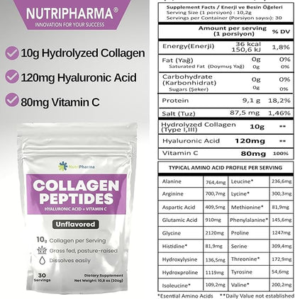 Collagen Peptides Powder with Hyaluronic Acid and Vitamin C, Promotes Hair, Nail, Skin, Bone and Joint Health, Unflavored Collagen Protein Powder, 30 Servings, 10,8 oz