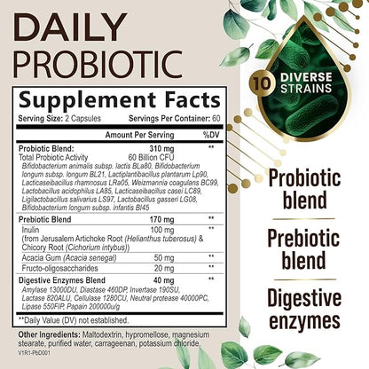 Probiotics 60 Billion CFU + 10 Strains - Daily Probiotic for Immune, Digestive & Gut Support, Prebiotics and Probiotics Supports Occasional Constipation, Gas & Bloating for Women & Men - 120 Capsules