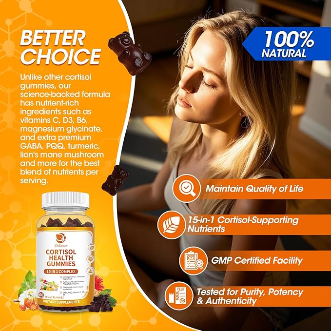 Cortisol Supplements for Women & Men, 15-in-1 Calm Cortisol Gummies with Ashwagandha, Magnesium, L-theanine, GABA, Phosphatidylserine, Vitamin C, D3, B6 for Mood, Sleep, Focus Support - Vegan, 2 Pack