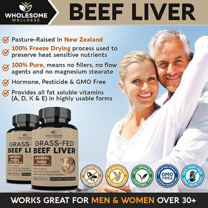 Wholesome Wellness Grass Fed Desiccated Beef Liver Capsules (180 Pills, 750mg Each) - Natural Iron, Vitamin A, B12 for Energy - Raised Undefatted in New Zealand Without Hormones or Chemicals