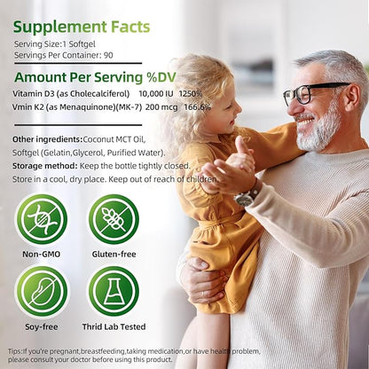 Vitamin D3 K2 Softgels, Vitamin D3 10000 IU with K2 (MK-7) 200 mcg with Coconut Oil Softgels, Easy to Swallow 2 in 1 Vitamins D & K Combo * 3 Packs (270 Counts)
