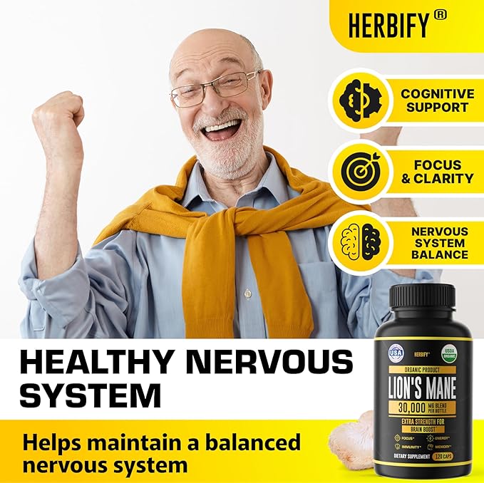 Lions Mane Supplement - Daily Mushroom Supplement for Memory, Focus & Clarity - Brain Booster - Lions Mane Capsules for Natural Immune Support - Vegan, Organic - 120 Capsules