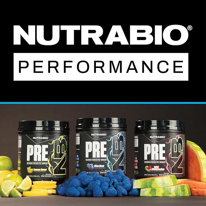 NutraBio PRE Workout Powder - New Formula- Sustained Energy, Mental Focus, Endurance - Beta Alanine, Caffeine, Electrolytes - 20 Servings - Blue Razz