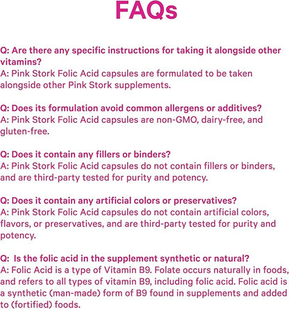 Pink Stork Folic Acid Supplement for Women - 400mcg, Prenatal Vitamins for Women, Supports Neural and Spine Health, Red Blood Cell Production, Mood, Energy During Pregnancy - 30 Capsules