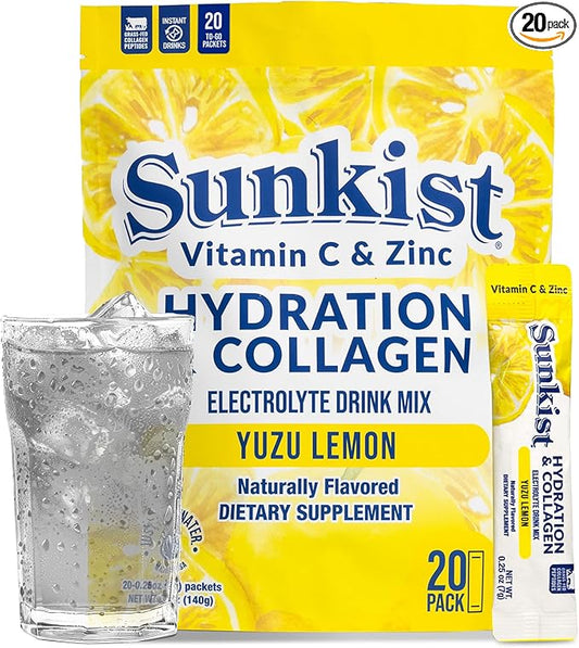 The Frozen Bean Sunkist Collagen Drink Mix - Hydration Yuzu Lemon Electrolyte Drink for Women with Vitamin C, Zinc, Collagen Peptides, Naturally Flavored - 20 Pack