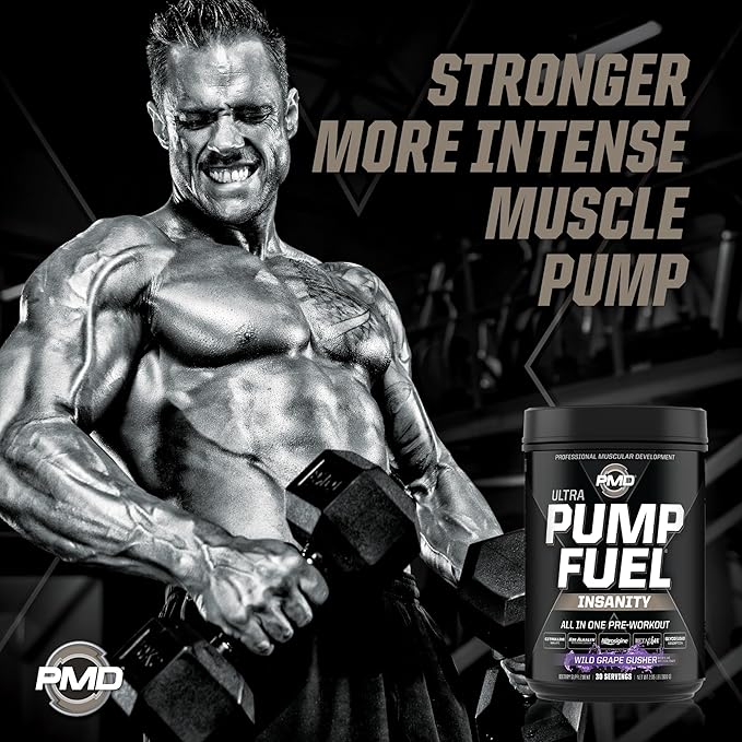 PMD Sports Ultra Pump Fuel Insanity - Pre Workout Drink for Energy, Strength, Endurance, Recovery - Complex Carbohydrates and Amino Energy - Wild Grape Gusher (30 Servings)