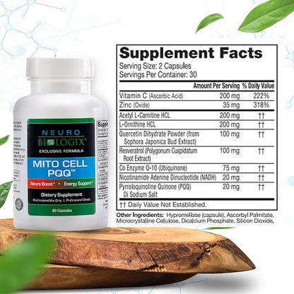 Mito Cell PQQ Supplement for Optimal Mitochondrial Support - Pyrroloquinoline Quinone Supplement to Promote Enhanced Energy & Performance & Cognitive Function - with CoQ10, NADH, Vitamin C & More