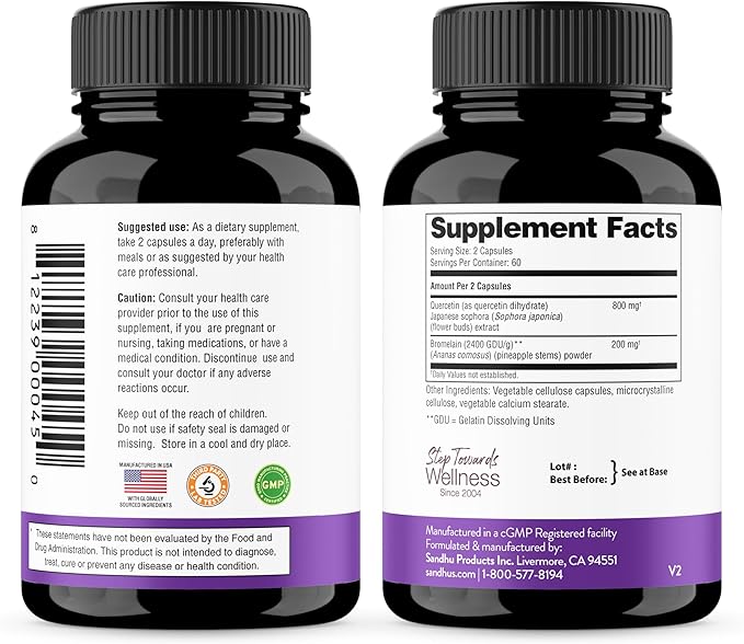 Sandhu's Bromelain with Quercetin Capsules for Men & Women | Supports Immunity, Bone Health and Quality Sleep | 120 Count