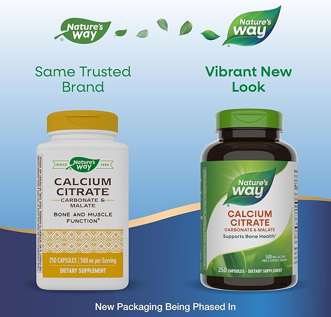 Nature's Way Calcium Citrate, 500 mg Calcium per 2-Capsule Serving, for Bone Health & Muscle Function*, Blend of Citrate, Carbonate & Malate, Gluten Free, 250 Capsules (Packaging May Vary) - 2 Pack