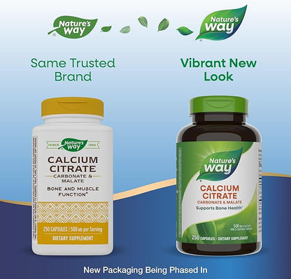 Nature's Way Calcium Citrate, 500 mg Calcium per 2-Capsule Serving, for Bone Health & Muscle Function*, Blend of Citrate, Carbonate & Malate, Gluten Free, 250 Capsules (Packaging May Vary) - 2 Pack