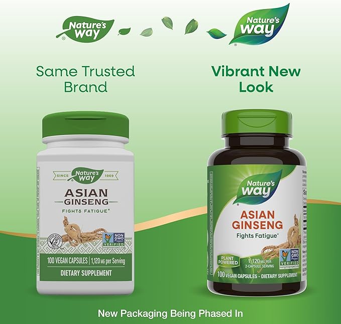 Nature's Way Asian Ginseng, Fights Fatigue*, 1,120mg Per 2-capsule Serving, Non-GMO Project Verified, Vegan, 100 Capsules (Packaging May Vary)