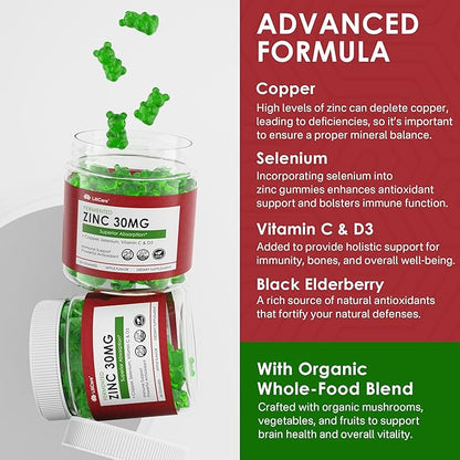 Zinc Gummies + Copper, Selenium, Vitamin C & D3, Fermented Zinc Supplements for Women and Men with Elderberry for Daily Immune Support, Powerful Antioxidant, High Absorption, Vegan, Sugar Free, 2 Pack