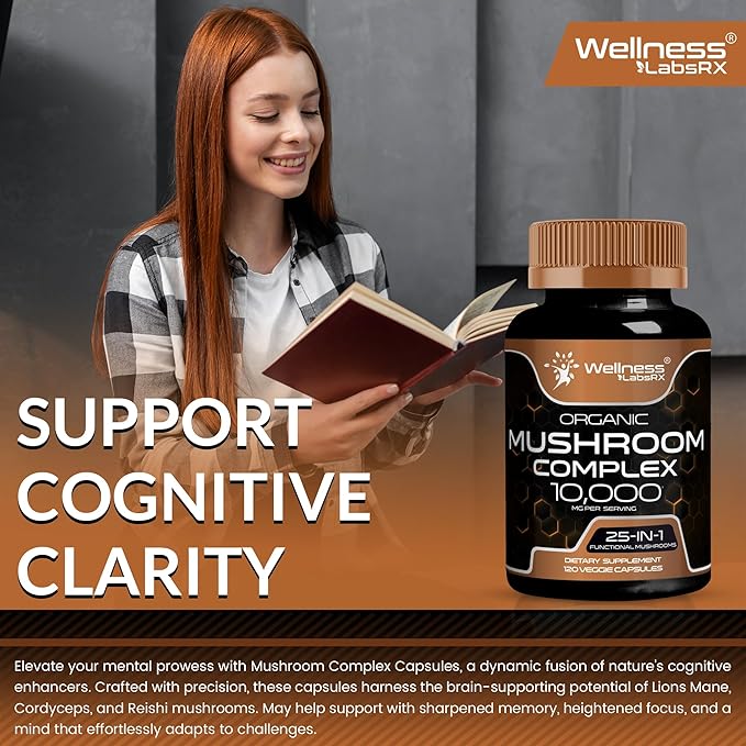 Mushroom Supplement Capsules 10:1 Extract, Mushroom Complex Capsules 1000mg, Lions Mane Supplement with Turkey Tail, Cordyceps, Reishi - 2 Pack