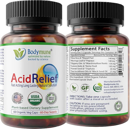 AcidRelief Acid Reducer Acid Indigestion Relief Supplement for Occasional Acid Reflux & Antacid, USA-Made USDA Organic Superfood, All-Natural Unique Blend Non-GMO Gluten-Free Vegan - 60 Caps
