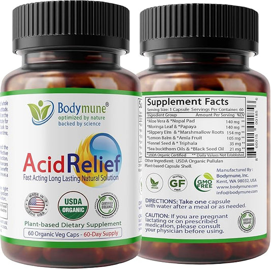 AcidRelief Acid Reducer Acid Indigestion Relief Supplement for Occasional Acid Reflux & Antacid, USA-Made USDA Organic Superfood, All-Natural Unique Blend Non-GMO Gluten-Free Vegan - 60 Caps