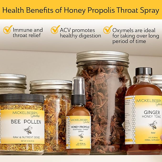 Mickelberry Gardens Honey Propolis Throat Spray - Soothing Sore Throat Relief & Propolis Immune Support - Herbal & Honey Formula (2 oz)