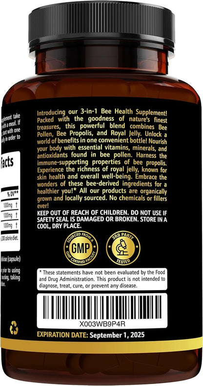 3-in-1 Organic Bee Pollen Capsule – Non-GMO, Pure Raw Bee Pollen, Royal Jelly, Propolis Extract for Women & Men – Natural Energy, Immune & Vitality Support – 180 Propolis Capsules