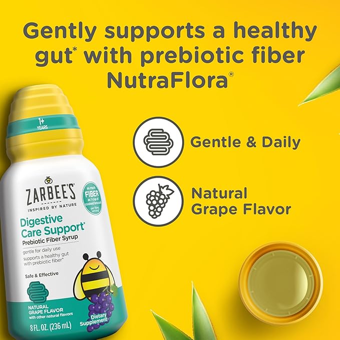 Zarbee's Children's Digestive Care Support* Prebiotic Fiber Syrup, Grape Flavor with Other Natural Flavors, Liquid Fiber for Kids, Daily Fiber Supplement + Agave, 8 fl. oz