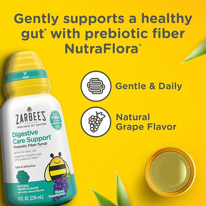 Zarbee's Children's Digestive Care Support* Prebiotic Fiber Syrup, Grape Flavor with Other Natural Flavors, Liquid Fiber for Kids, Daily Fiber Supplement + Agave, 8 fl. oz